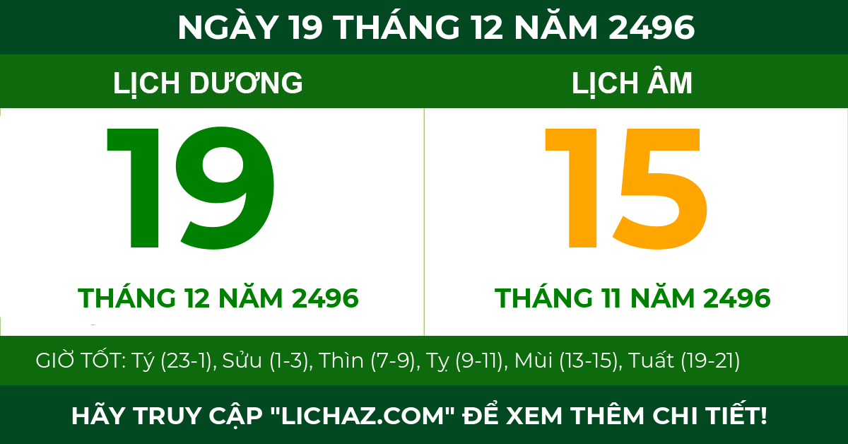 lịch âm ngày 19 tháng 12 năm 2496