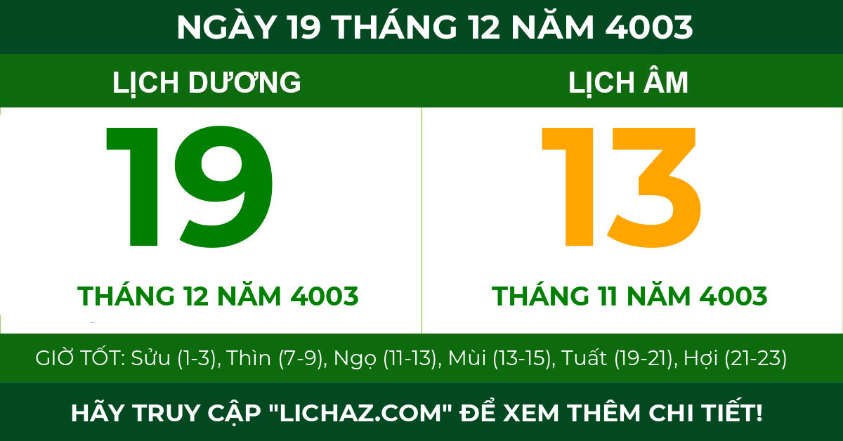 lịch âm ngày 19 tháng 12 năm 4003