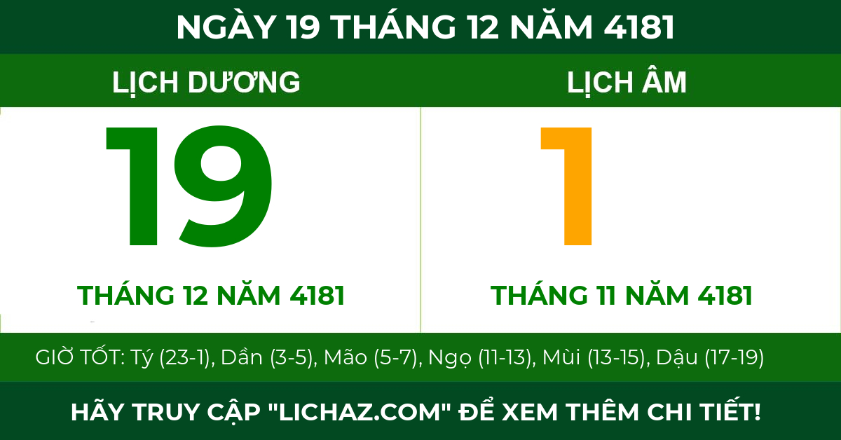 lịch âm ngày 19 tháng 12 năm 4181