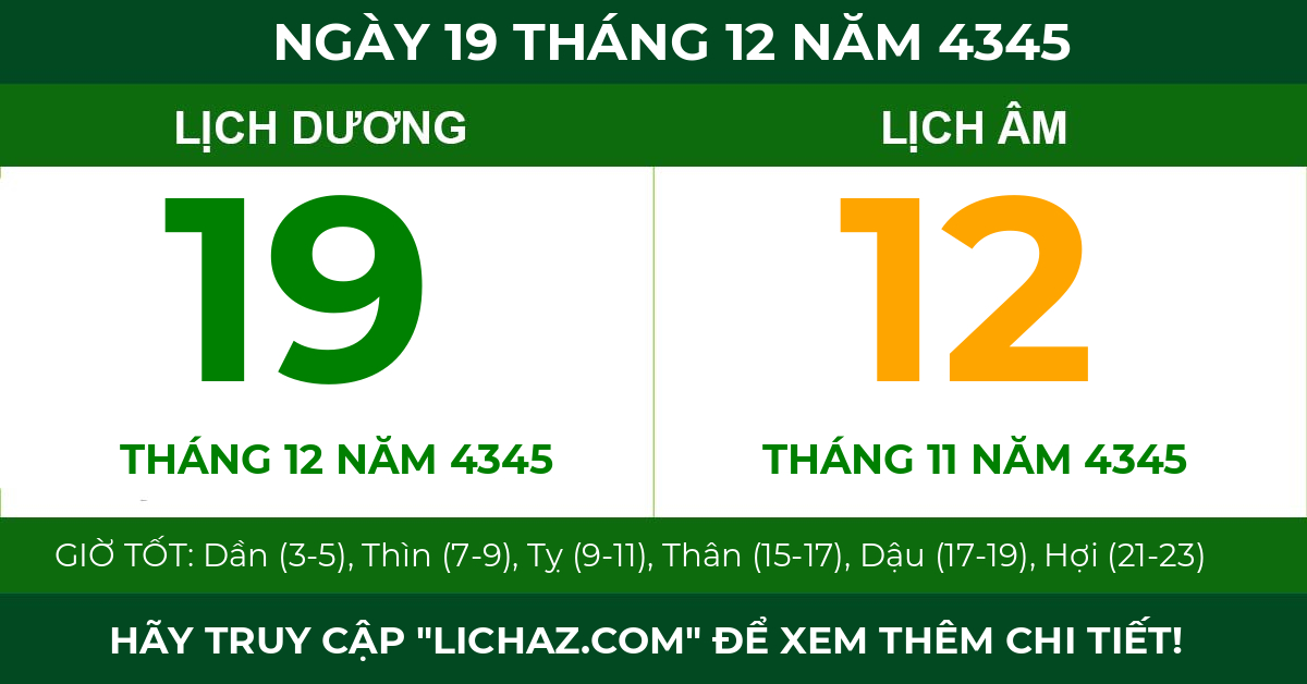 lịch âm ngày 19 tháng 12 năm 4345