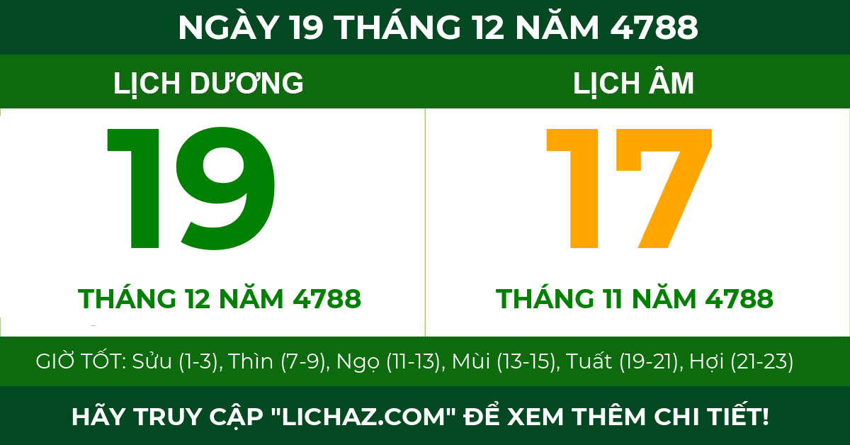 lịch âm ngày 19 tháng 12 năm 4788