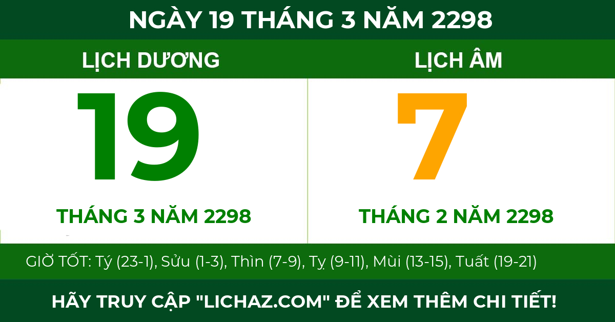 lịch âm ngày 19 tháng 3 năm 2298