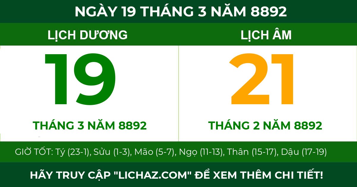 lịch âm ngày 19 tháng 3 năm 8892