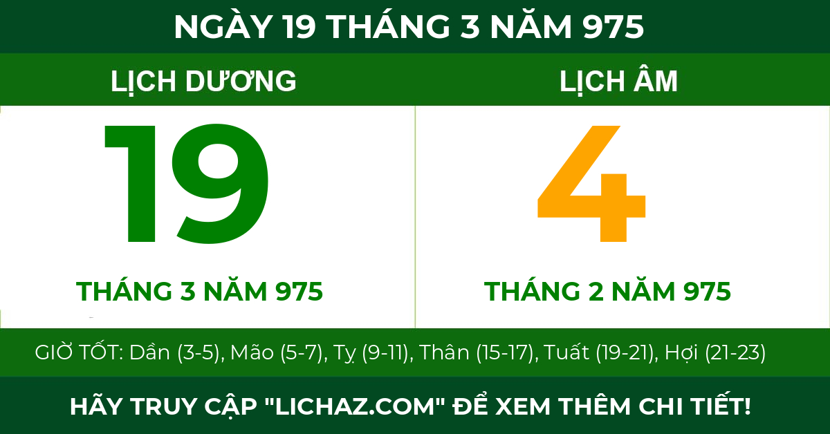 lịch âm ngày 19 tháng 3 năm 975