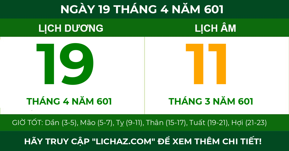 lịch âm ngày 19 tháng 4 năm 601