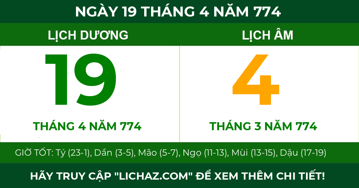lịch âm ngày 19 tháng 4 năm 774