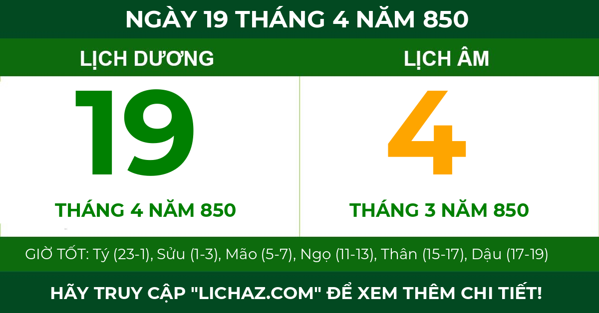 lịch âm ngày 19 tháng 4 năm 850