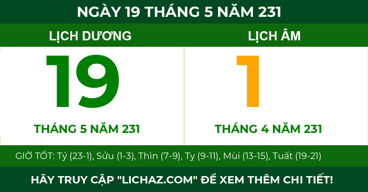 lịch âm ngày 19 tháng 5 năm 231