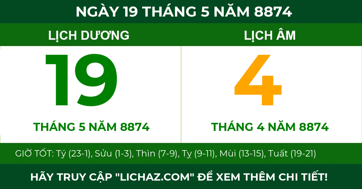 lịch âm ngày 19 tháng 5 năm 8874