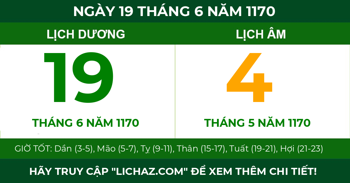lịch âm ngày 19 tháng 6 năm 1170