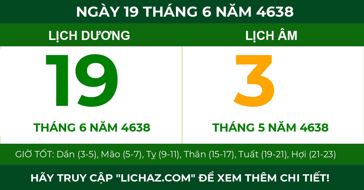 lịch âm ngày 19 tháng 6 năm 4638
