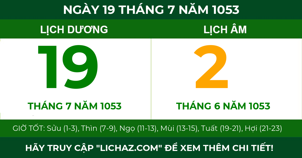 lịch âm ngày 19 tháng 7 năm 1053