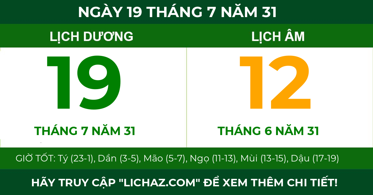 lịch âm ngày 19 tháng 7 năm 31