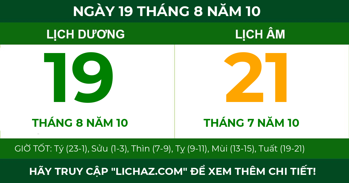 lịch âm ngày 19 tháng 8 năm 10