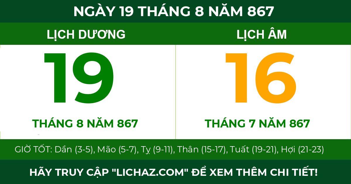 lịch âm ngày 19 tháng 8 năm 867