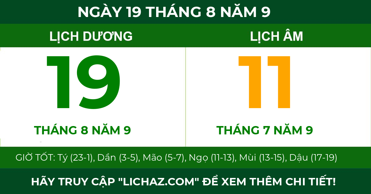 lịch âm ngày 19 tháng 8 năm 9