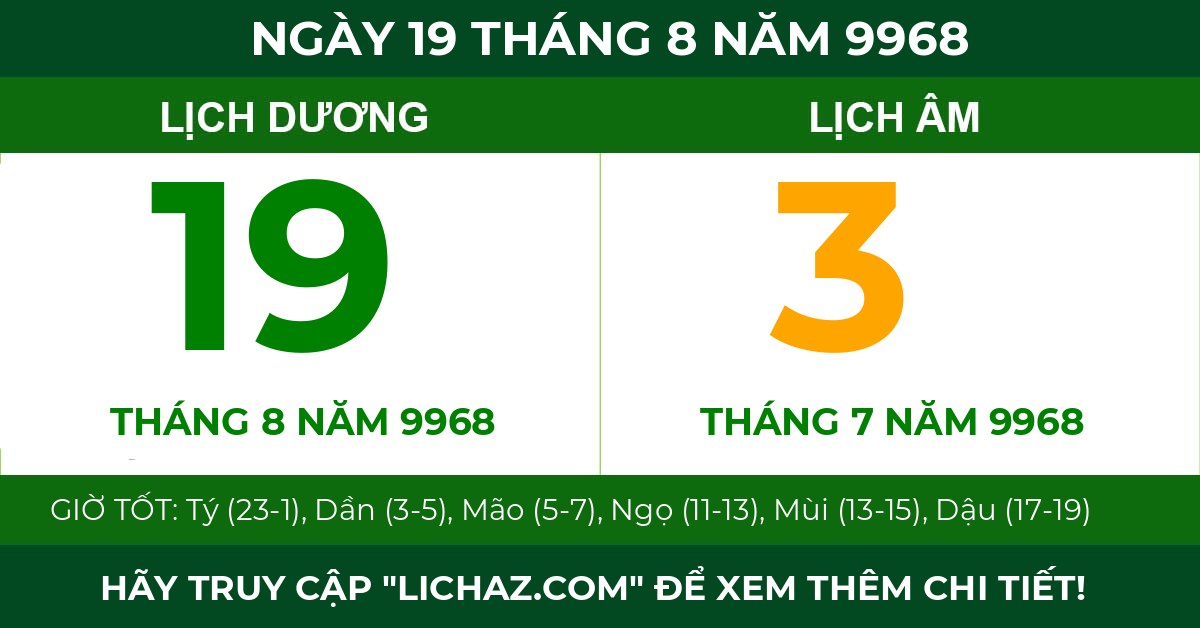 lịch âm ngày 19 tháng 8 năm 9968