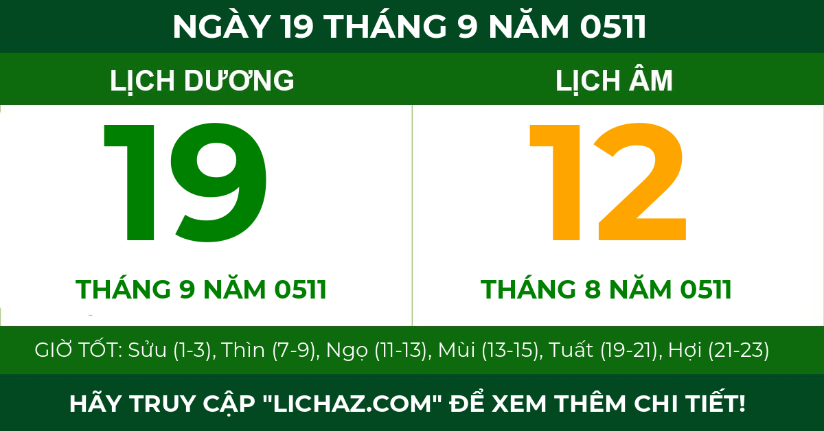 lịch âm ngày 19 tháng 9 năm 0511