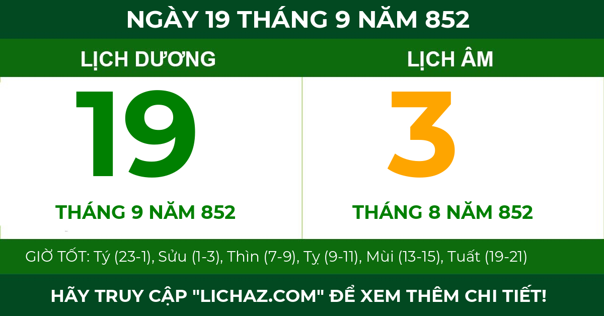 lịch âm ngày 19 tháng 9 năm 852