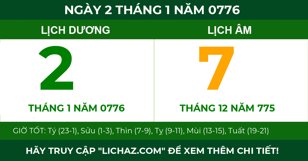 lịch âm ngày 2 tháng 1 năm 0776