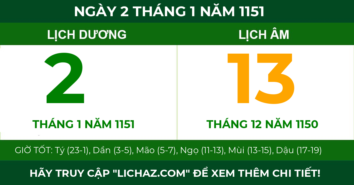 lịch âm ngày 2 tháng 1 năm 1151
