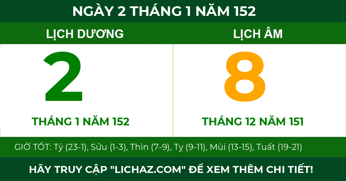 lịch âm ngày 2 tháng 1 năm 152