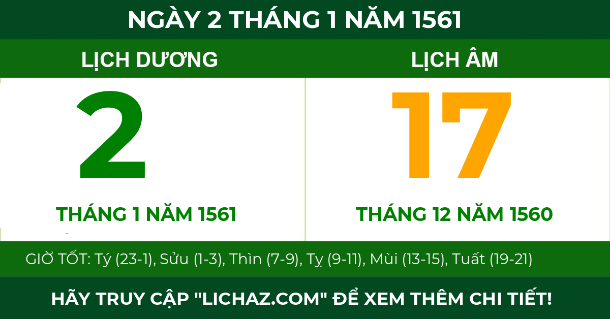 lịch âm ngày 2 tháng 1 năm 1561