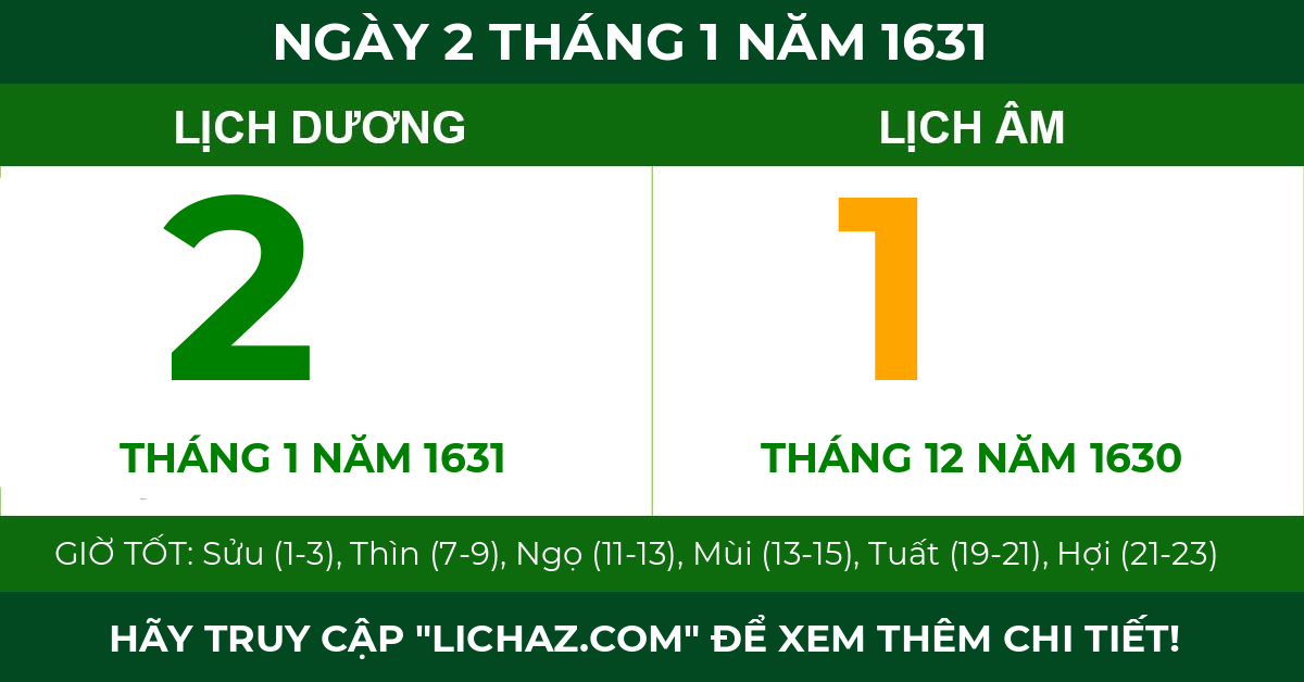 lịch âm ngày 2 tháng 1 năm 1631