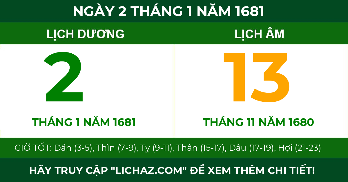 lịch âm ngày 2 tháng 1 năm 1681