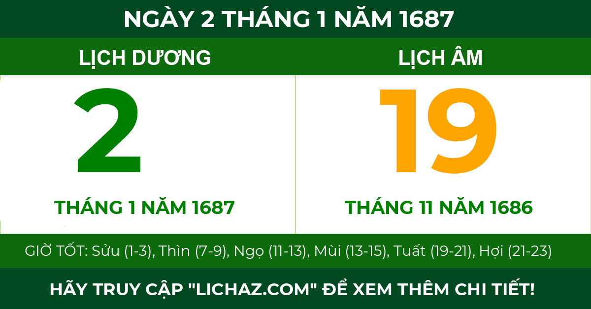lịch âm ngày 2 tháng 1 năm 1687
