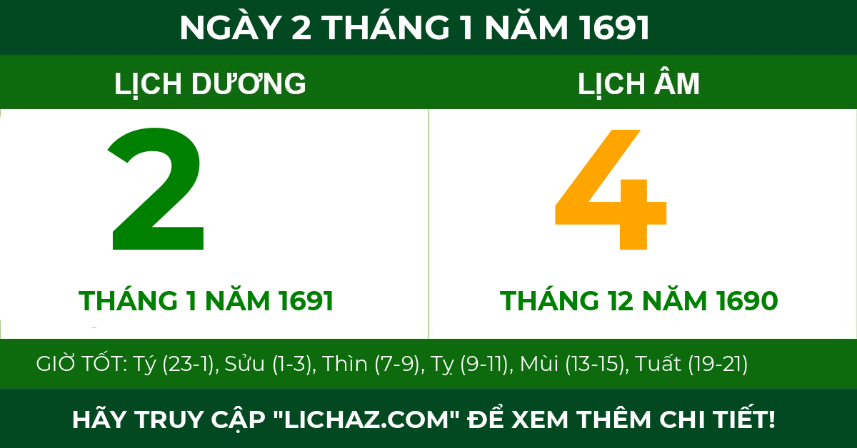 lịch âm ngày 2 tháng 1 năm 1691