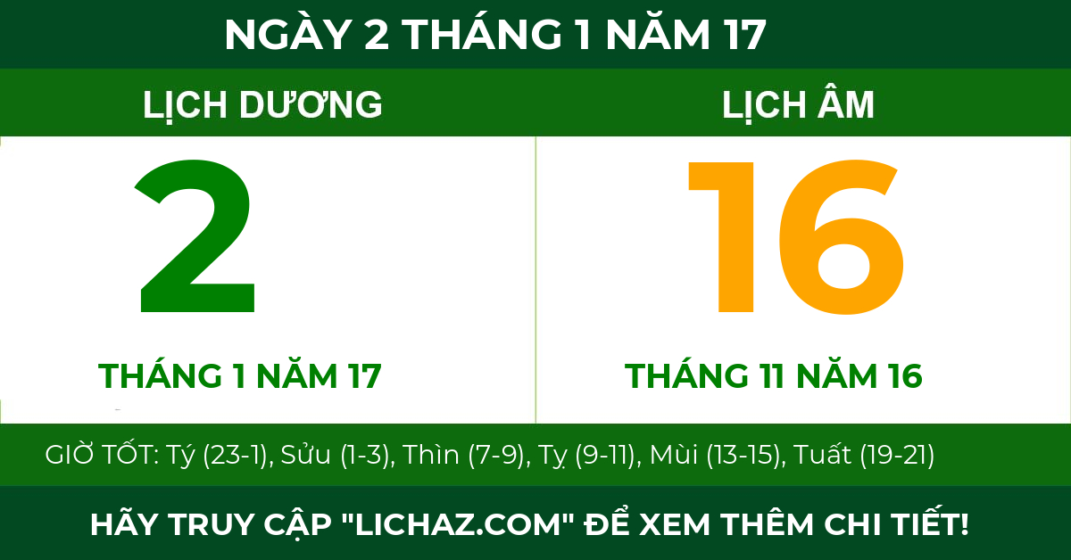 lịch âm ngày 2 tháng 1 năm 17