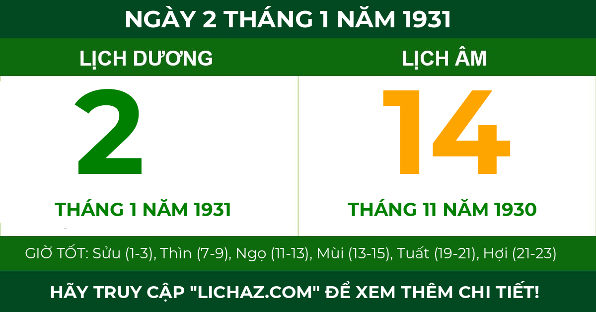 lịch âm ngày 2 tháng 1 năm 1931