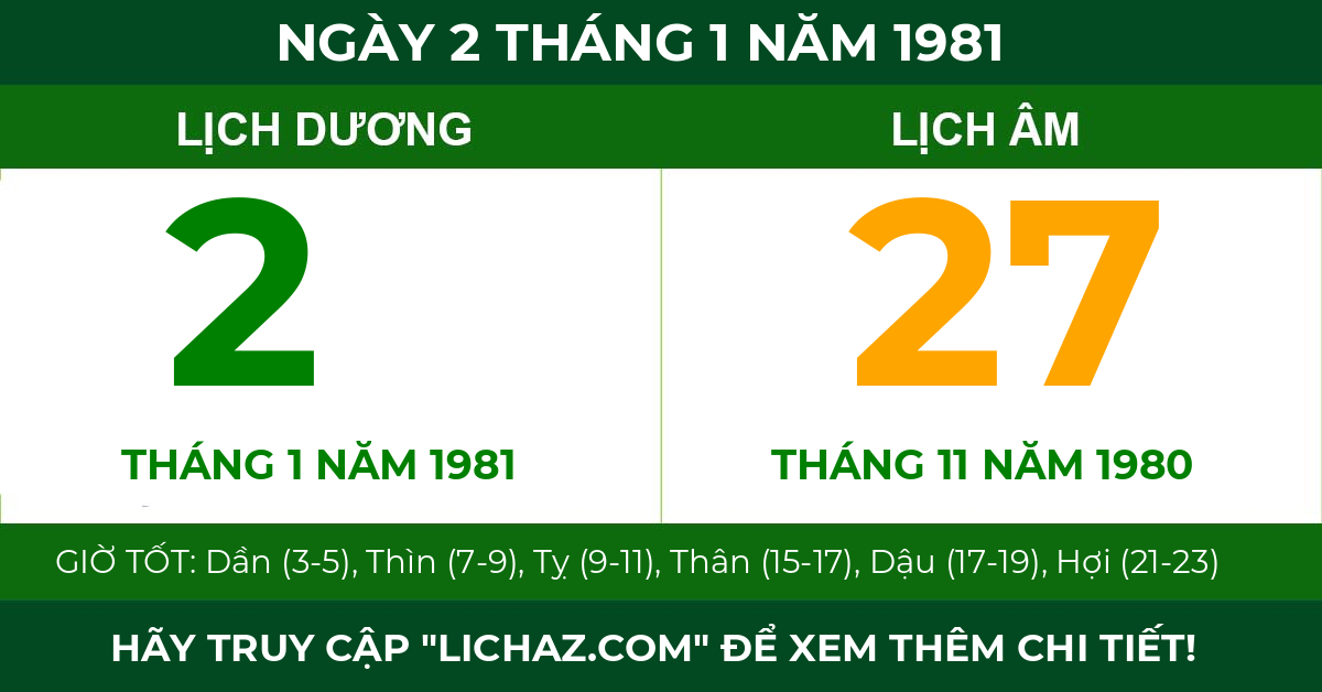lịch âm ngày 2 tháng 1 năm 1981