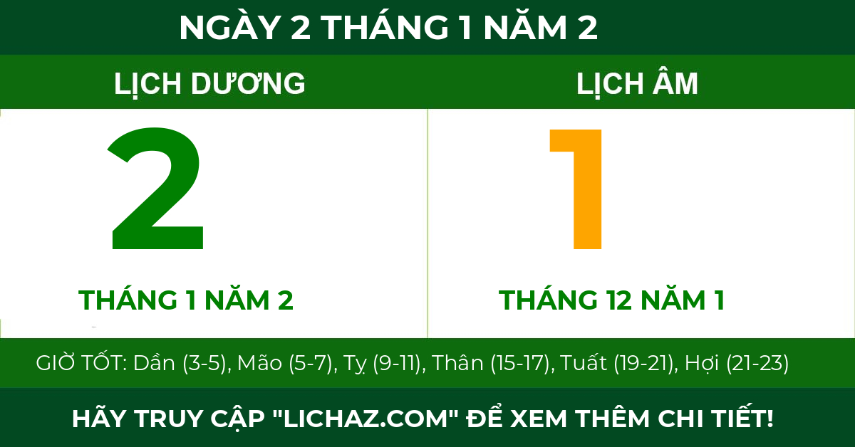 lịch âm ngày 2 tháng 1 năm 2
