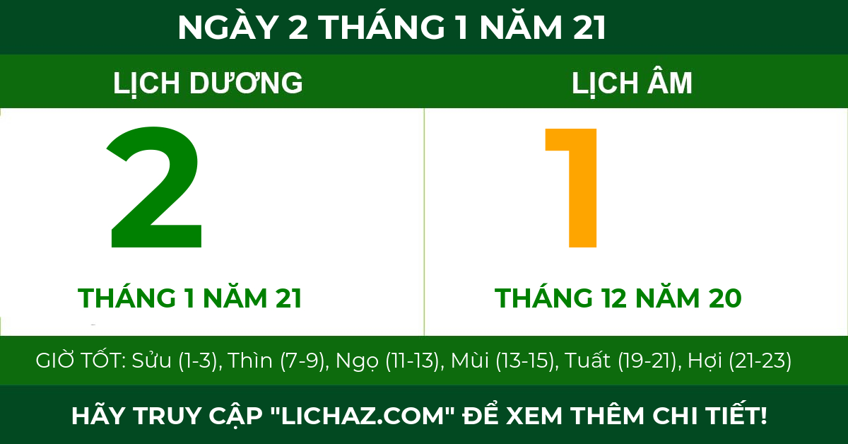 lịch âm ngày 2 tháng 1 năm 21