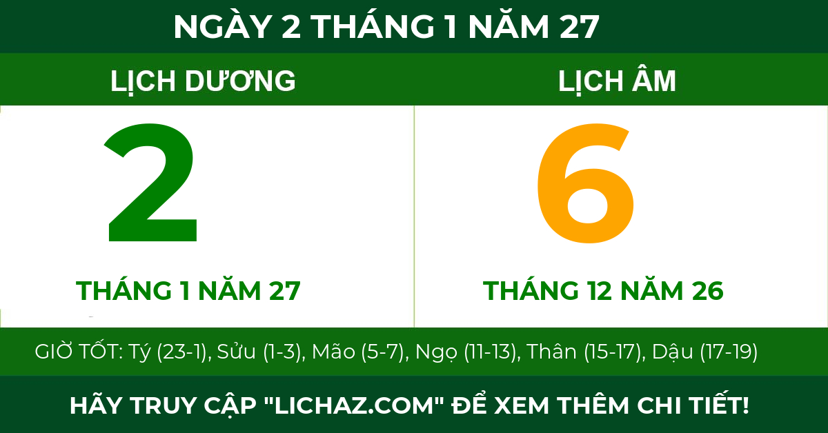 lịch âm ngày 2 tháng 1 năm 27