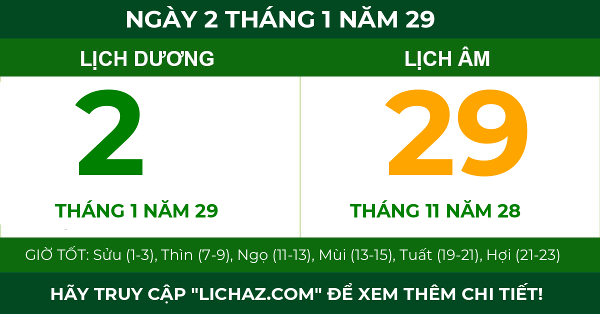 lịch âm ngày 2 tháng 1 năm 29