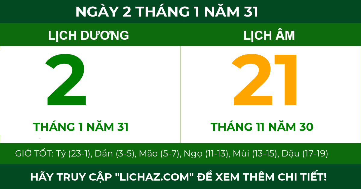 lịch âm ngày 2 tháng 1 năm 31