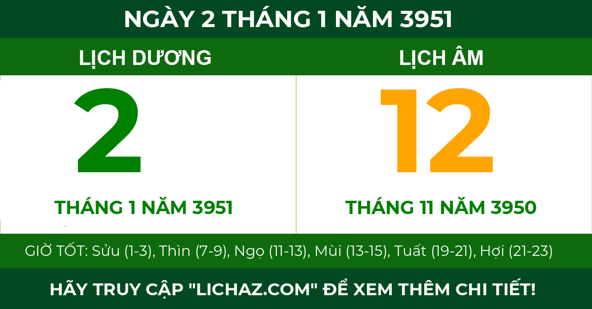 lịch âm ngày 2 tháng 1 năm 3951