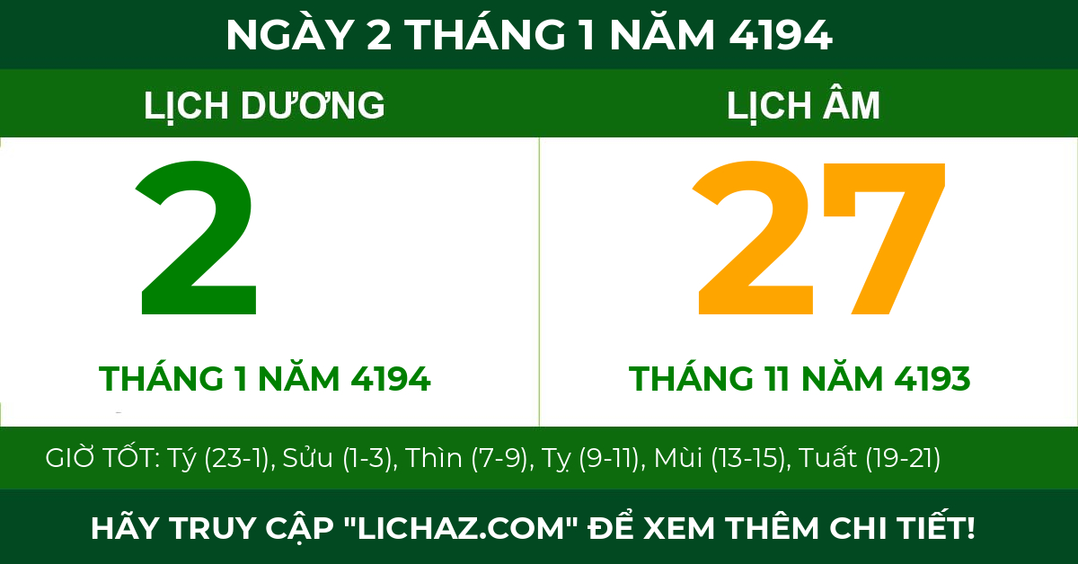lịch âm ngày 2 tháng 1 năm 4194