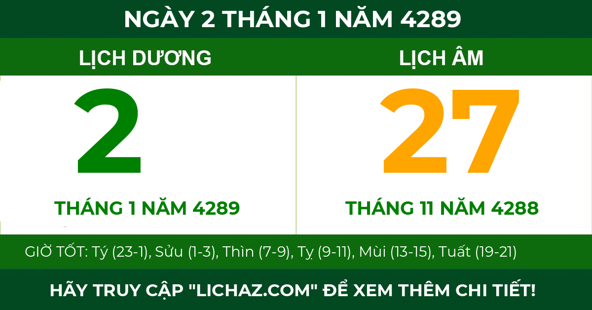 lịch âm ngày 2 tháng 1 năm 4289