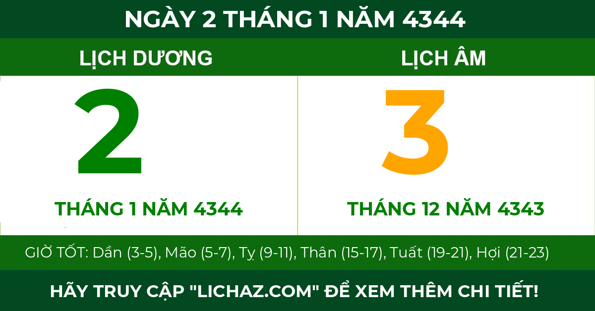 lịch âm ngày 2 tháng 1 năm 4344