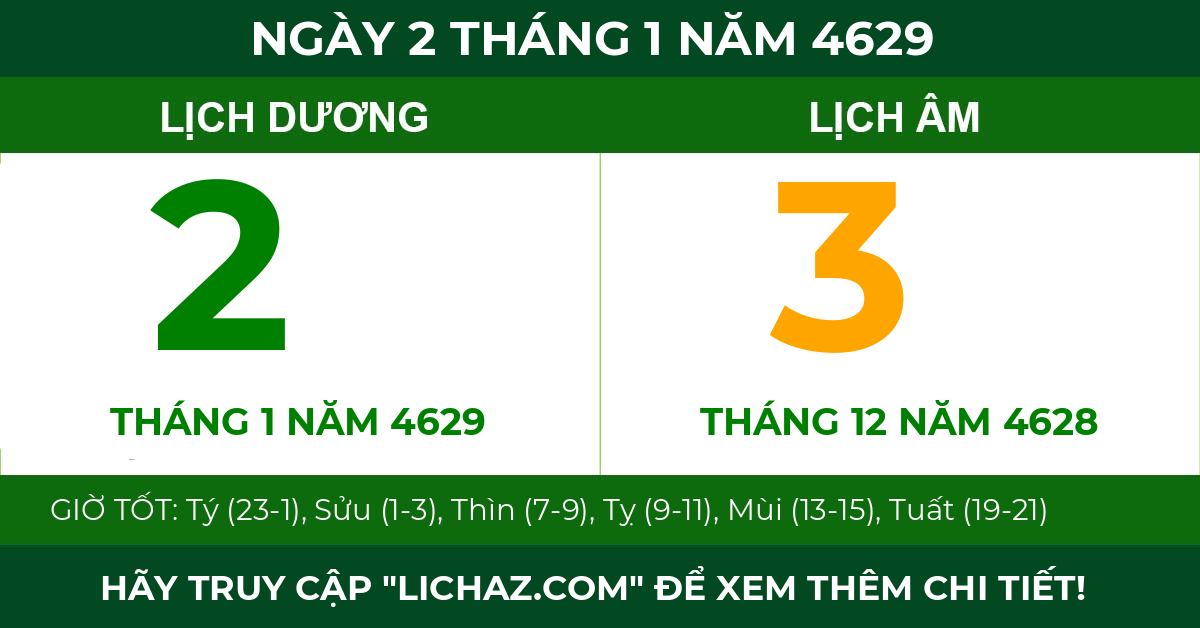 lịch âm ngày 2 tháng 1 năm 4629