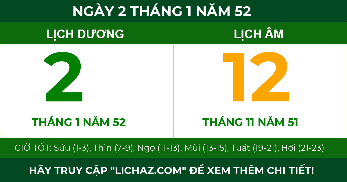 lịch âm ngày 2 tháng 1 năm 52
