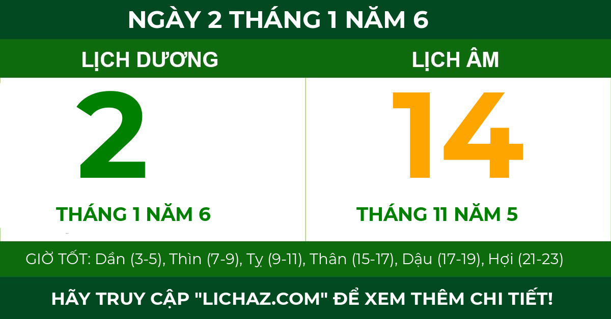 lịch âm ngày 2 tháng 1 năm 6