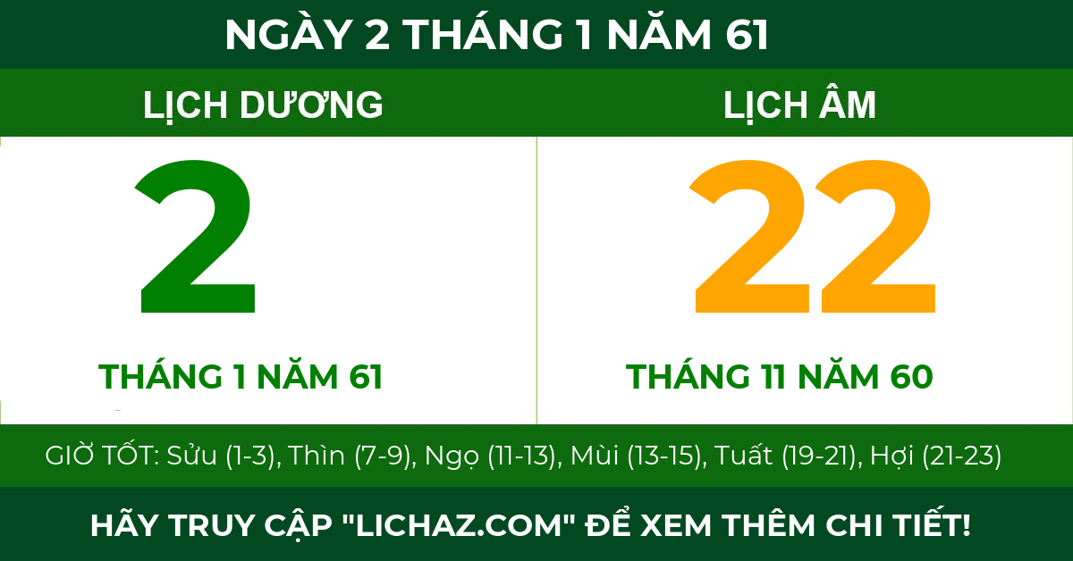 lịch âm ngày 2 tháng 1 năm 61