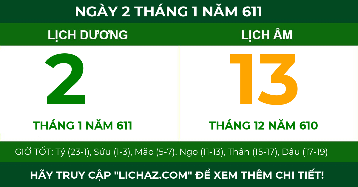 lịch âm ngày 2 tháng 1 năm 611