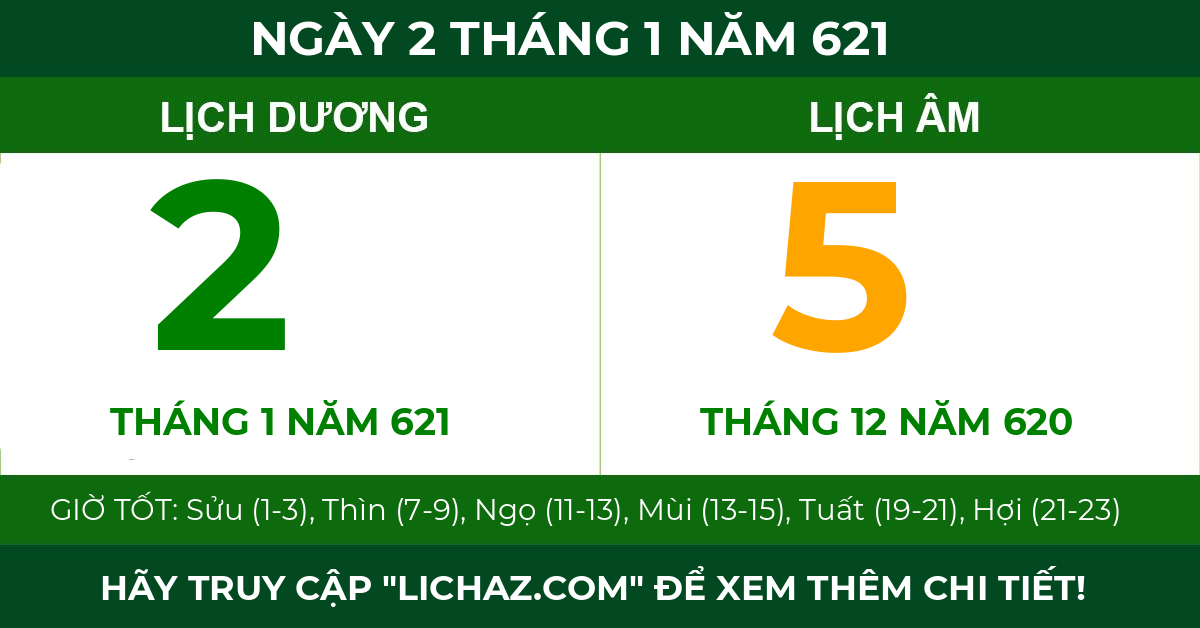 lịch âm ngày 2 tháng 1 năm 621