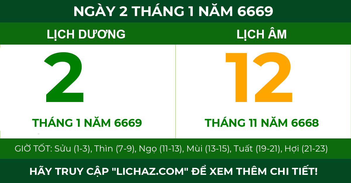 lịch âm ngày 2 tháng 1 năm 6669